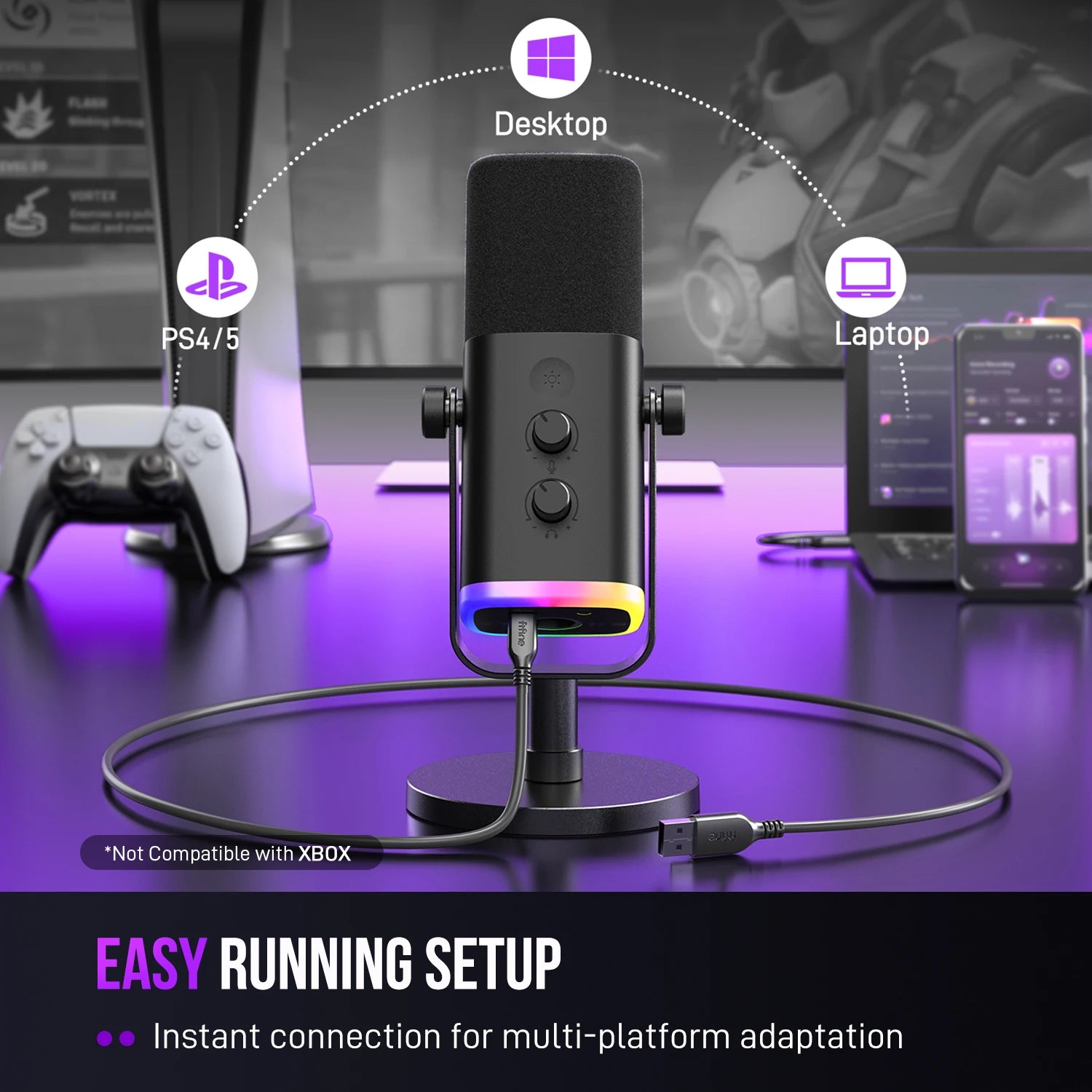 FIFINE AM8 USB/XLR Dynamic Microphone with RGB Lighting, Headphone Jack & Mute Button – Ideal for PC Gaming, Recording, Streaming, and AmpliGame Setups
