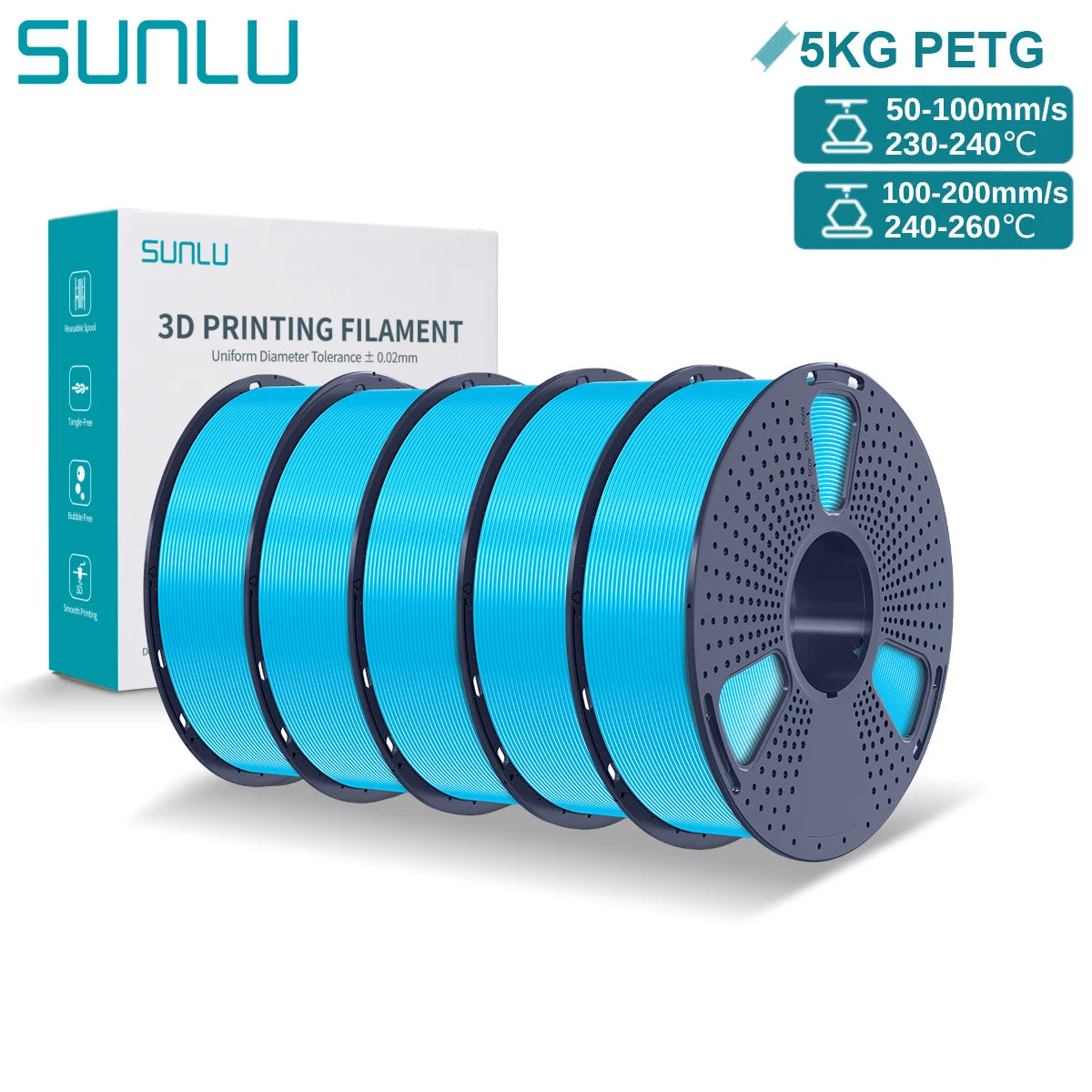 SUNLU PETG 3D Printer Filament 5KG – 1.75mm High‑Toughness Filament with Reusable Spool for FDM Printers