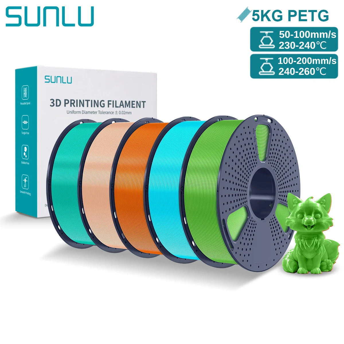 SUNLU PETG 3D Printer Filament 5KG – 1.75mm High‑Toughness Filament with Reusable Spool for FDM Printers