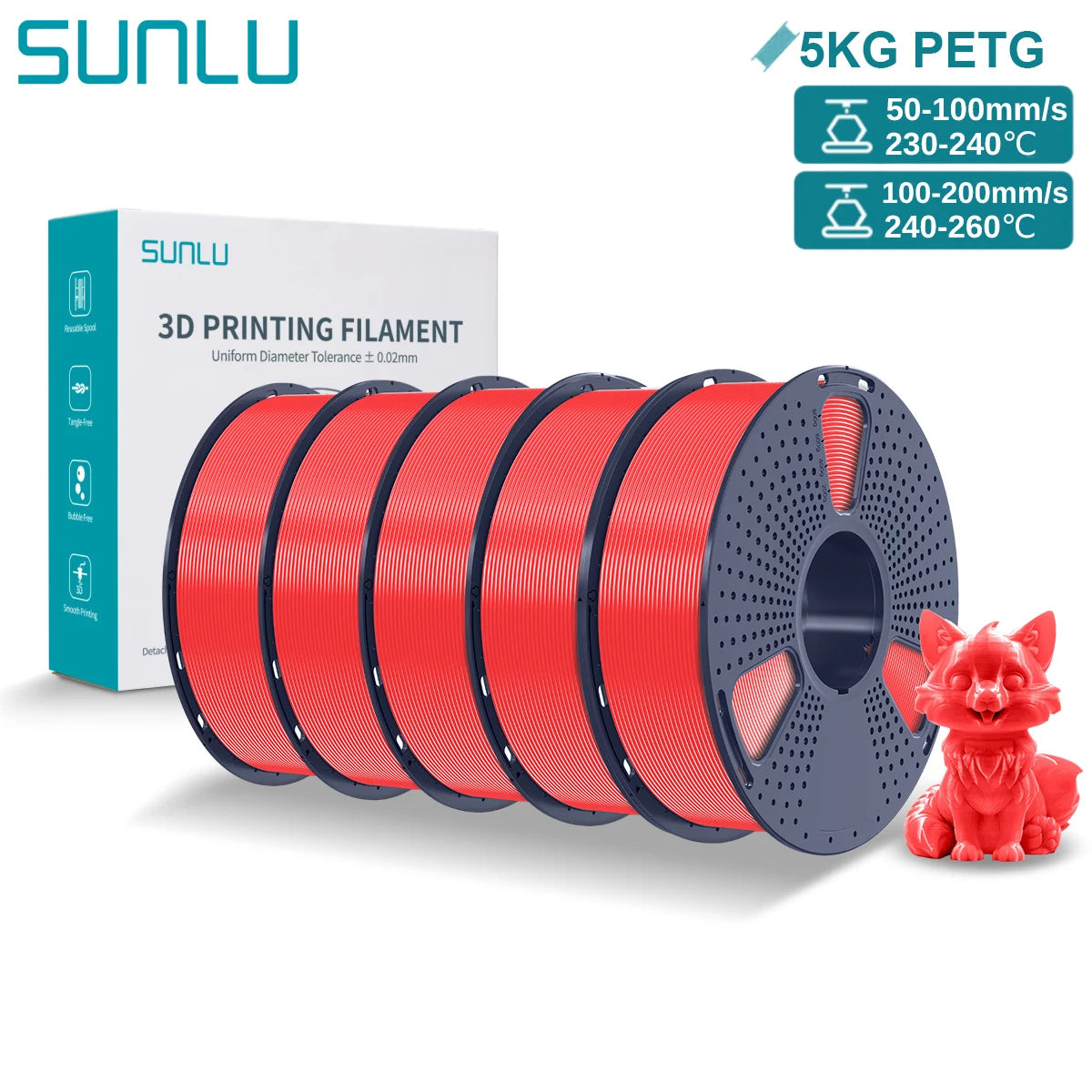 SUNLU PETG 3D Printer Filament 5KG – 1.75mm High‑Toughness Filament with Reusable Spool for FDM Printers