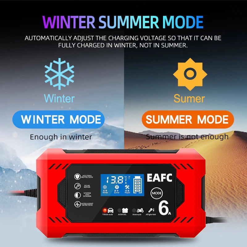 12V 6A Intelligent Car Battery Charger with Pulse Repair — Auto-Stop, Dual Mode | Compatible with Motorcycle, Truck & Lead Acid Batteries