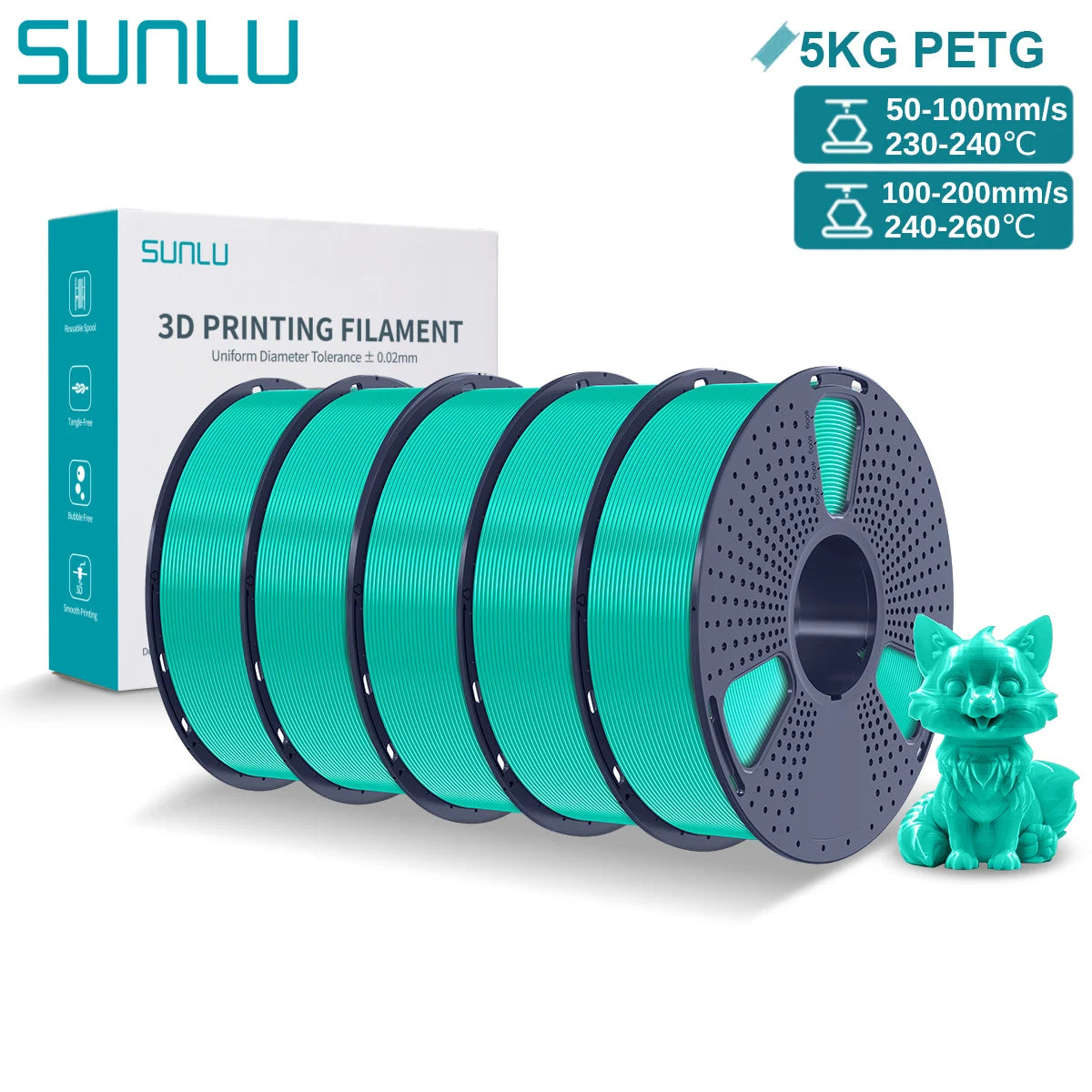 SUNLU PETG 3D Printer Filament 5KG – 1.75mm High‑Toughness Filament with Reusable Spool for FDM Printers