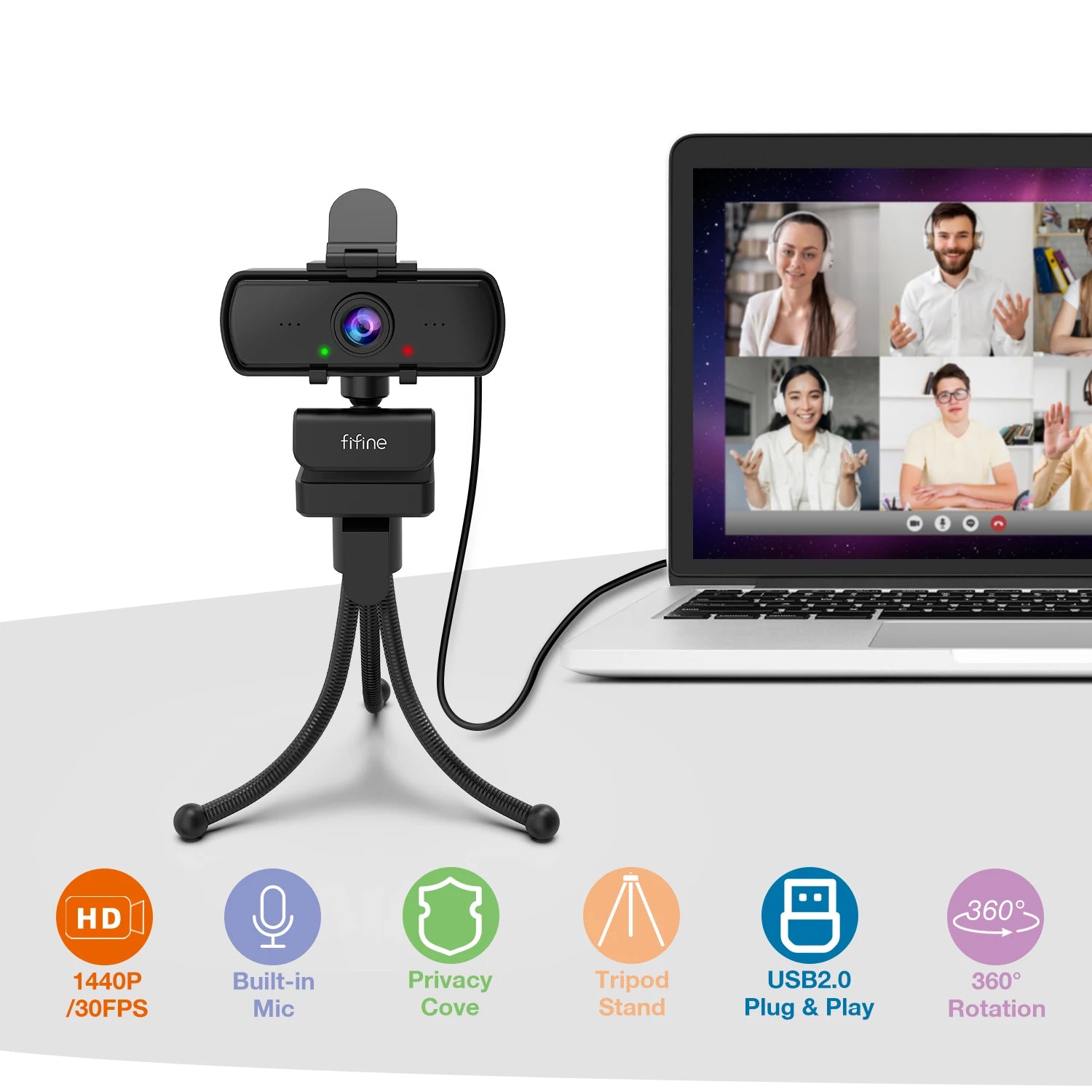 FIFINE 1440p Full HD Webcam with Microphone & Tripod – USB for PC, Laptop, Live Streaming, Video Calls – K420