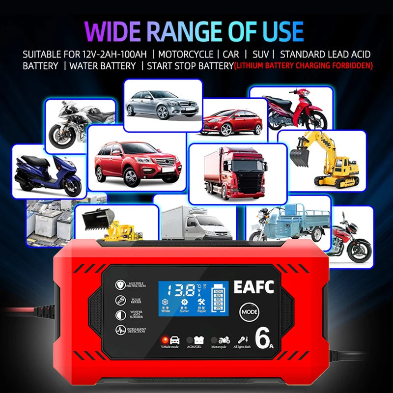 12V 6A Intelligent Car Battery Charger with Pulse Repair — Auto-Stop, Dual Mode | Compatible with Motorcycle, Truck & Lead Acid Batteries