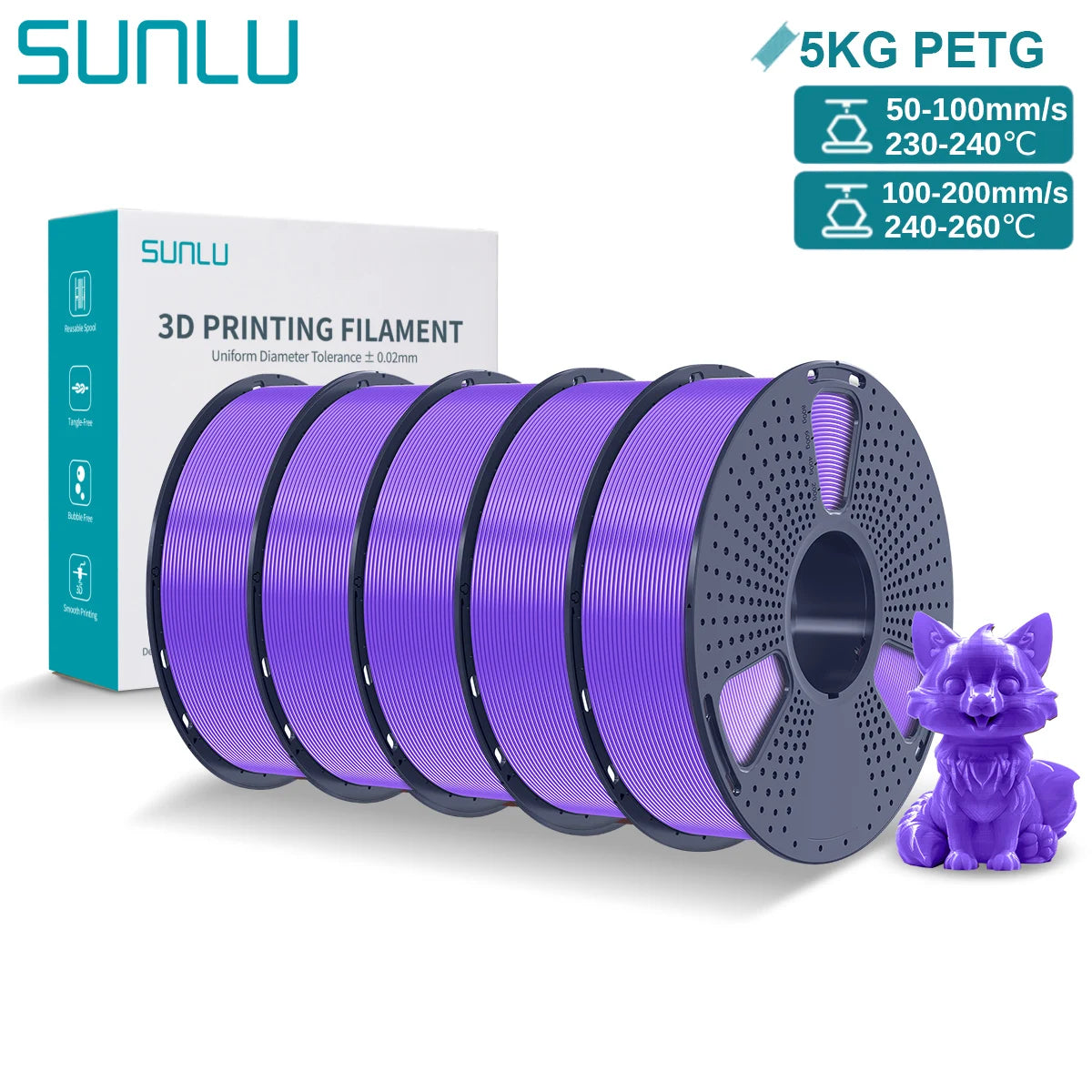 SUNLU PETG 3D Printer Filament 5KG – 1.75mm High‑Toughness Filament with Reusable Spool for FDM Printers