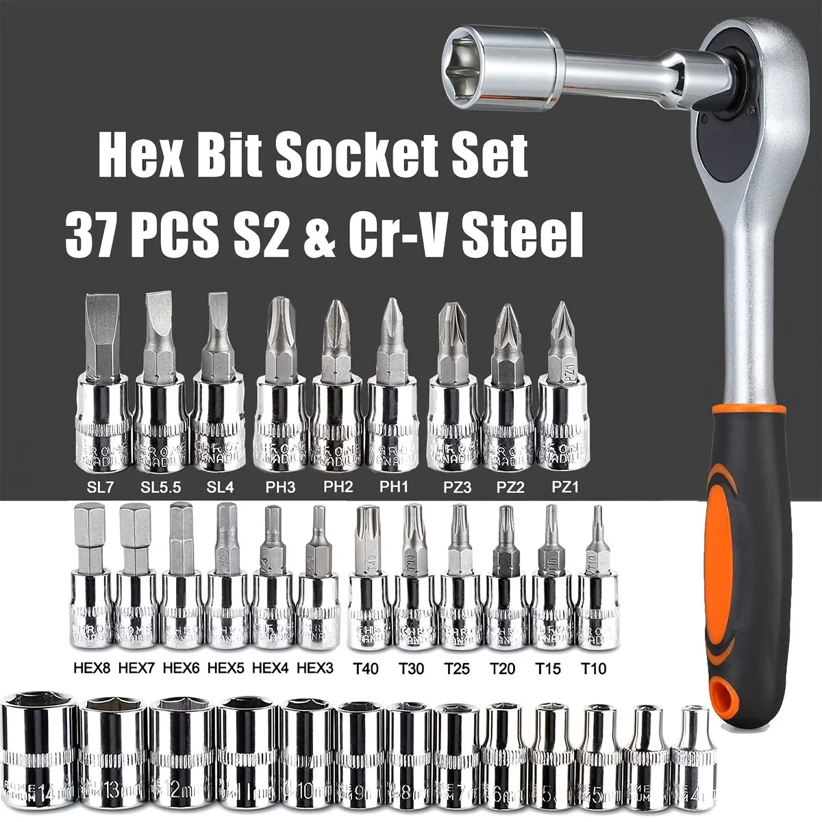 46‑Pc Family Mechanic Tool Kit 1/4" Drive – Metric & Inch Sockets, Hex Bit Set, Ratchet Wrench for Auto Repair and Home Use