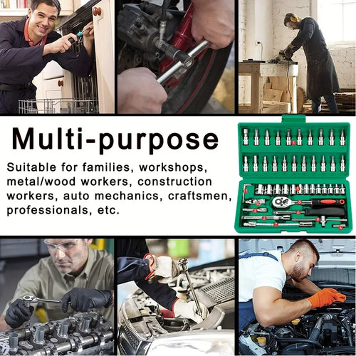 46‑Pc Family Mechanic Tool Kit 1/4" Drive – Metric & Inch Sockets, Hex Bit Set, Ratchet Wrench for Auto Repair and Home Use
