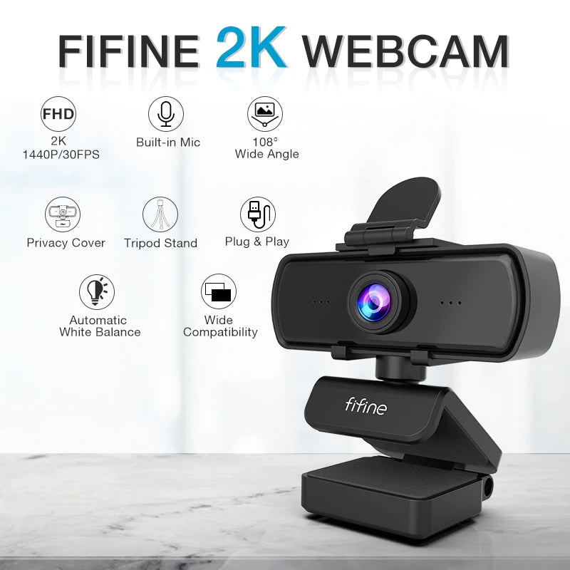 FIFINE 1440p Full HD Webcam with Microphone & Tripod – USB for PC, Laptop, Live Streaming, Video Calls – K420
