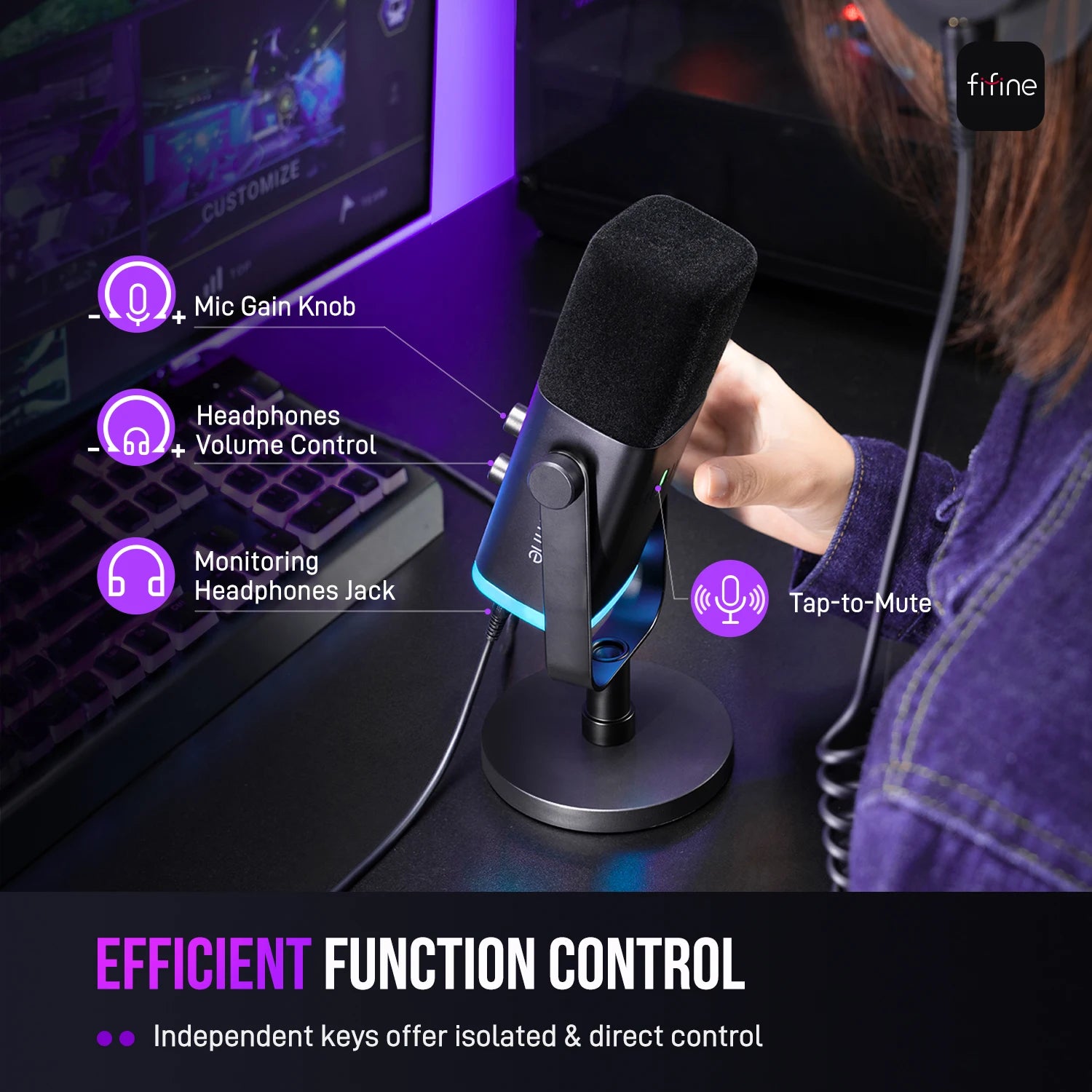 FIFINE AM8 USB/XLR Dynamic Microphone with RGB Lighting, Headphone Jack & Mute Button – Ideal for PC Gaming, Recording, Streaming, and AmpliGame Setups