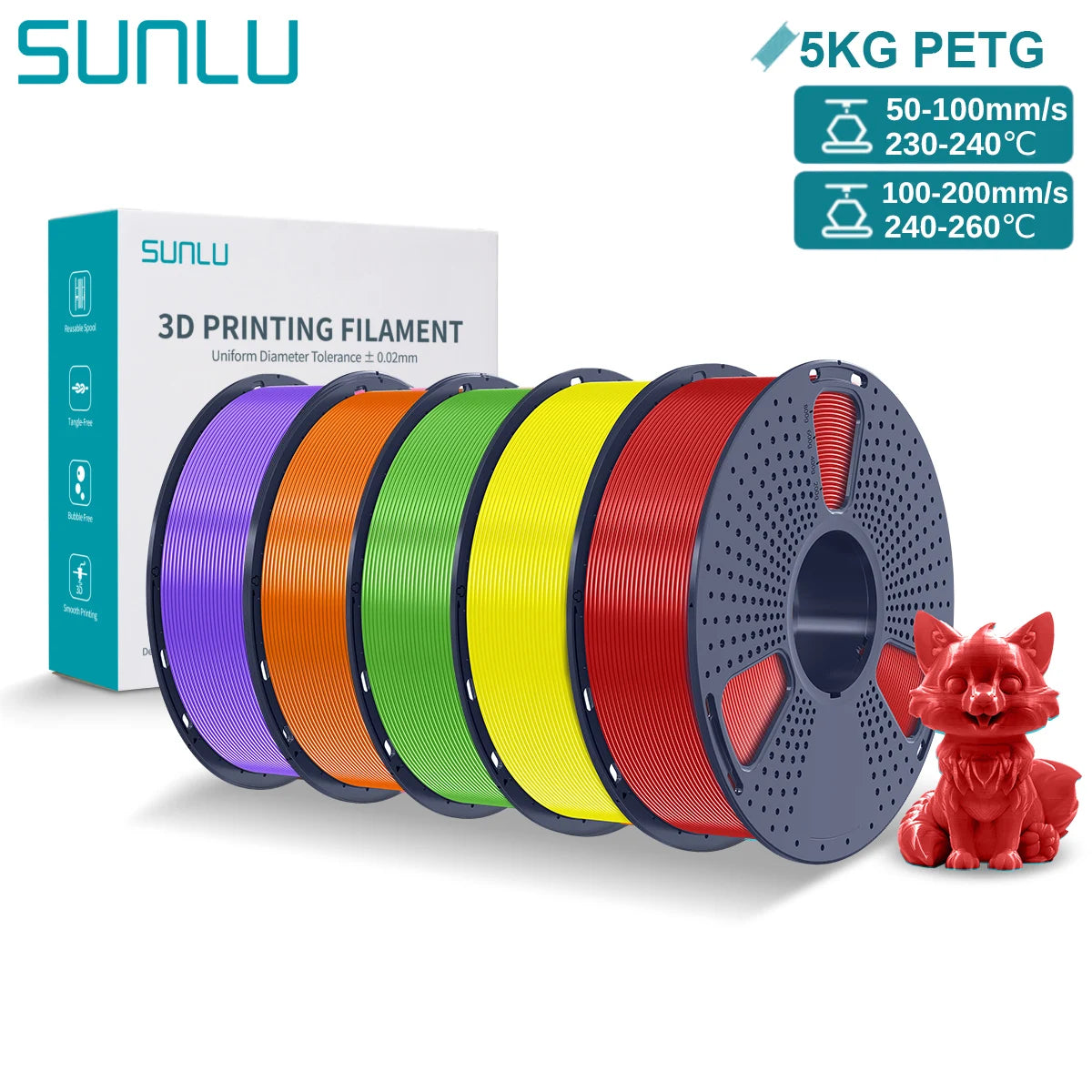 SUNLU PETG 3D Printer Filament 5KG – 1.75mm High‑Toughness Filament with Reusable Spool for FDM Printers