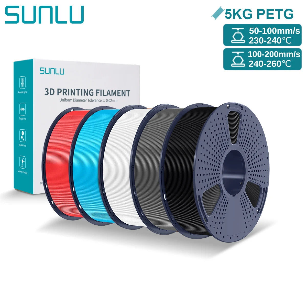SUNLU PETG 3D Printer Filament 5KG – 1.75mm High‑Toughness Filament with Reusable Spool for FDM Printers