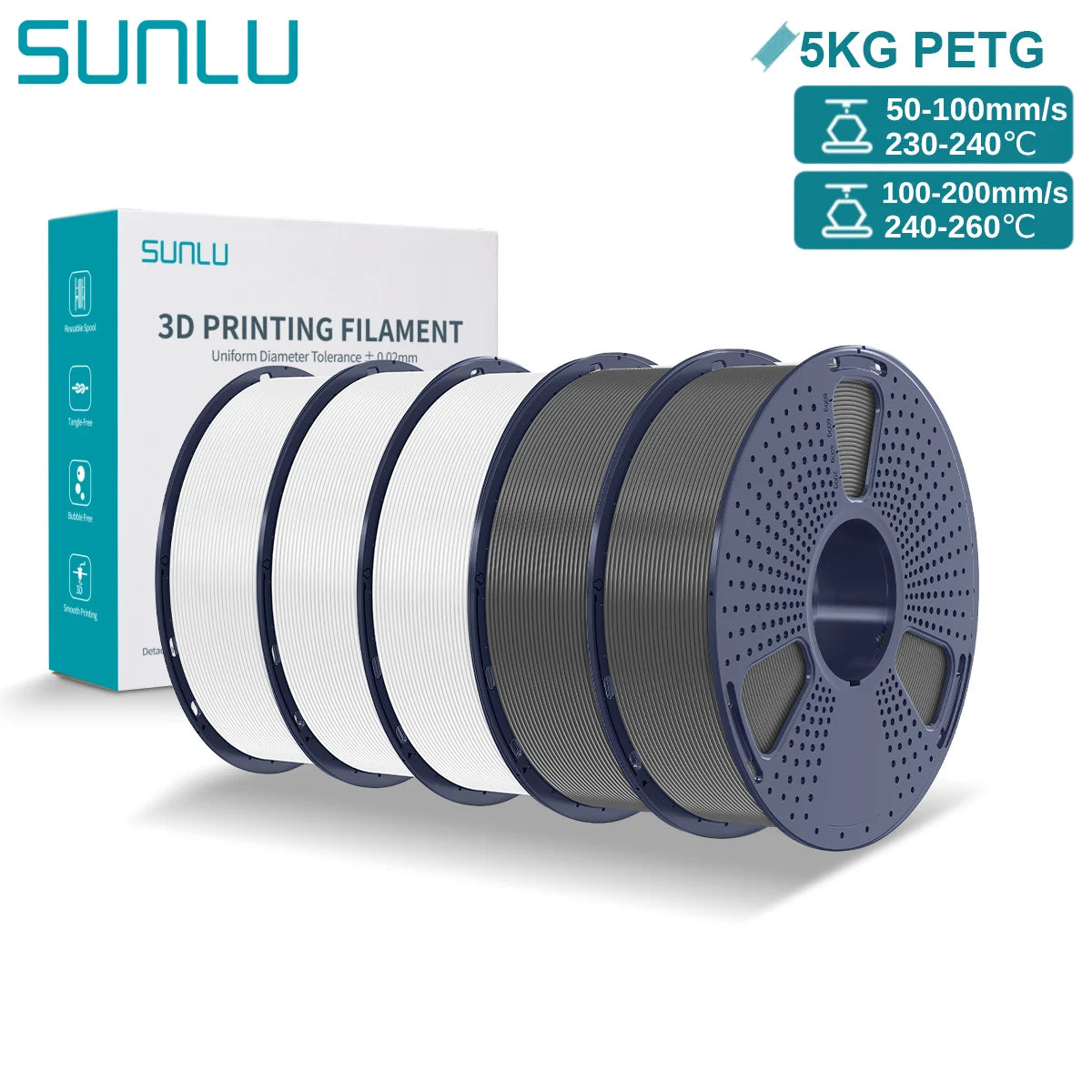 SUNLU PETG 3D Printer Filament 5KG – 1.75mm High‑Toughness Filament with Reusable Spool for FDM Printers