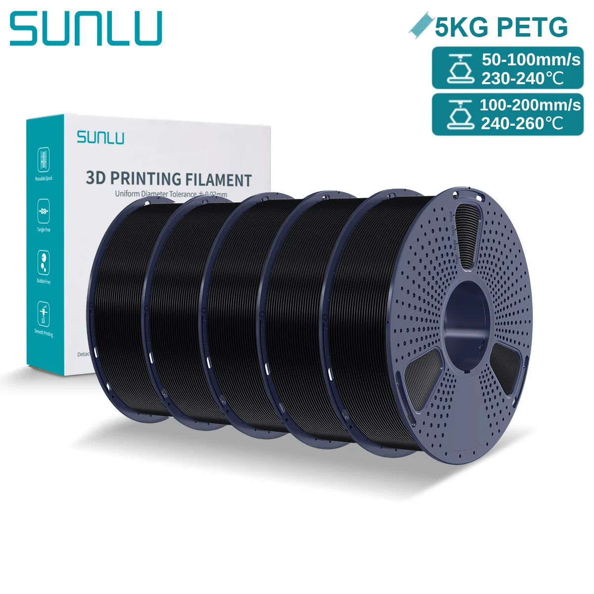 SUNLU PETG 3D Printer Filament 5KG – 1.75mm High‑Toughness Filament with Reusable Spool for FDM Printers