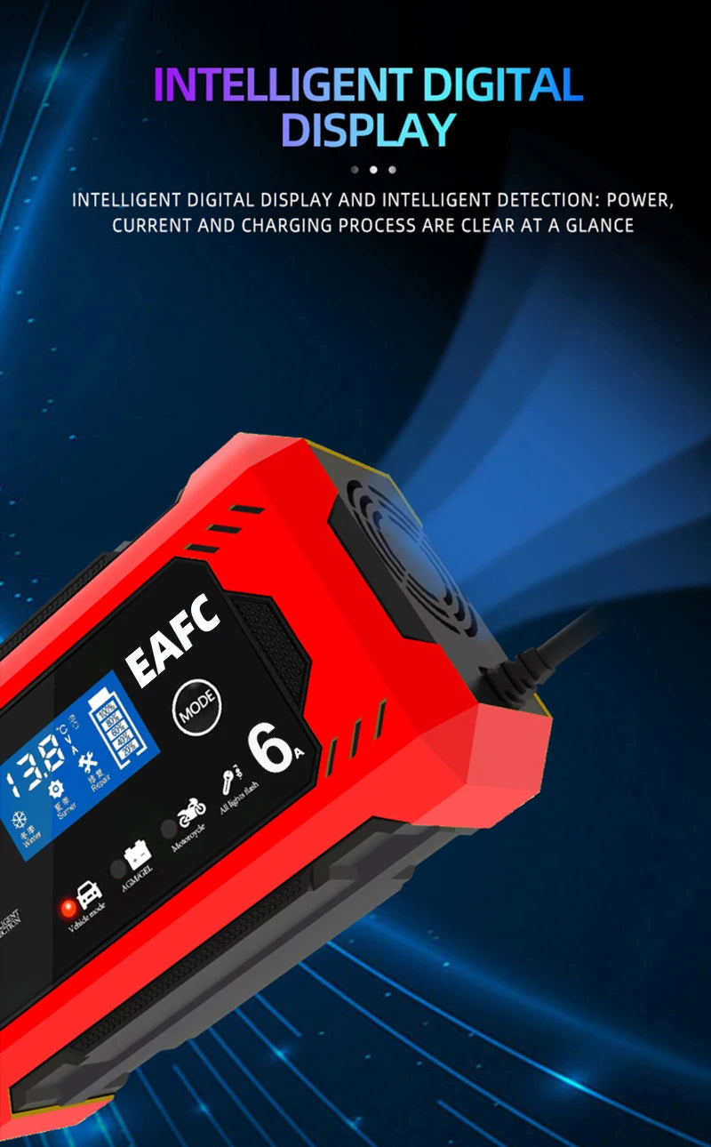 12V 6A Intelligent Car Battery Charger with Pulse Repair — Auto-Stop, Dual Mode | Compatible with Motorcycle, Truck & Lead Acid Batteries