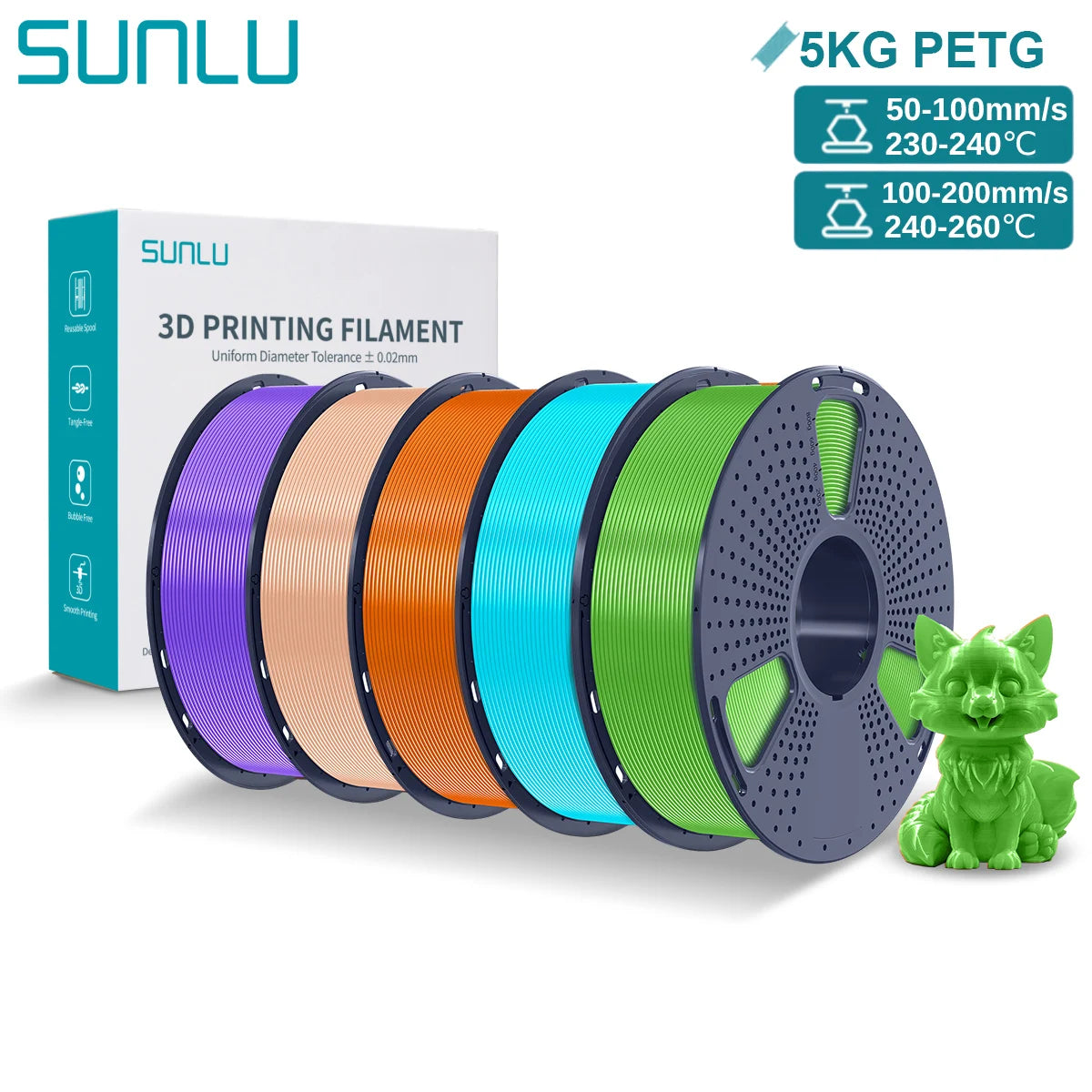 SUNLU PETG 3D Printer Filament 5KG – 1.75mm High‑Toughness Filament with Reusable Spool for FDM Printers