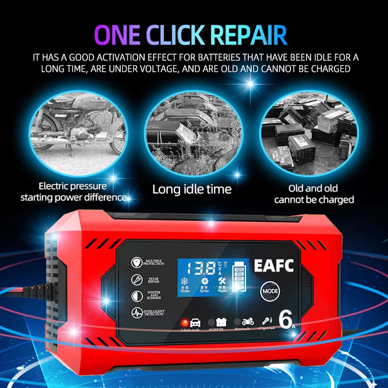 12V 6A Intelligent Car Battery Charger with Pulse Repair — Auto-Stop, Dual Mode | Compatible with Motorcycle, Truck & Lead Acid Batteries