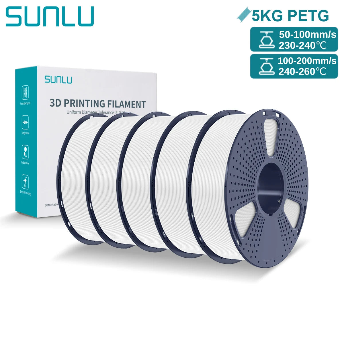SUNLU PETG 3D Printer Filament 5KG – 1.75mm High‑Toughness Filament with Reusable Spool for FDM Printers