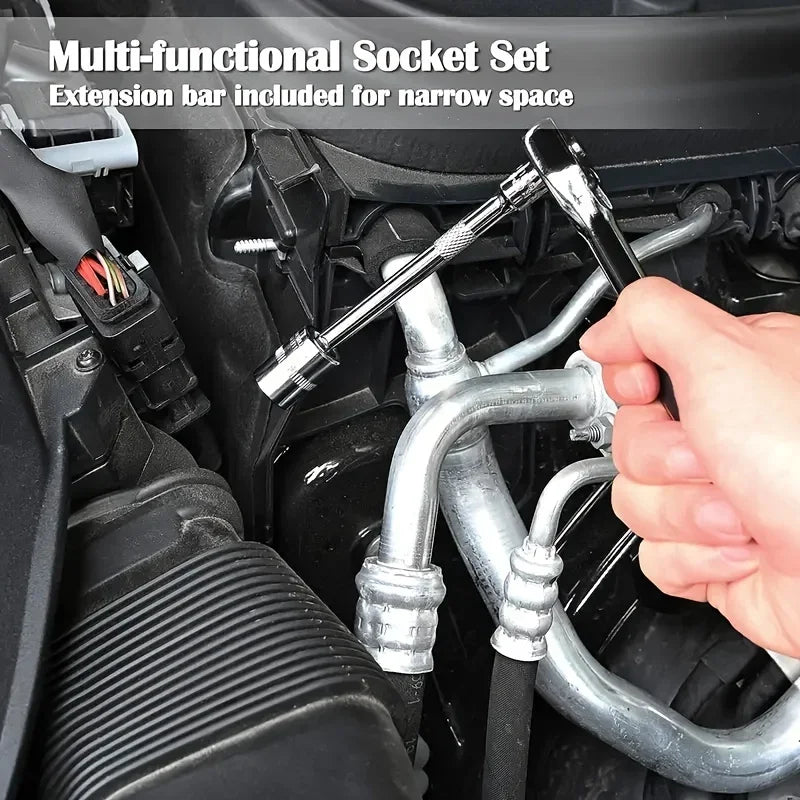 46‑Pc Family Mechanic Tool Kit 1/4" Drive – Metric & Inch Sockets, Hex Bit Set, Ratchet Wrench for Auto Repair and Home Use