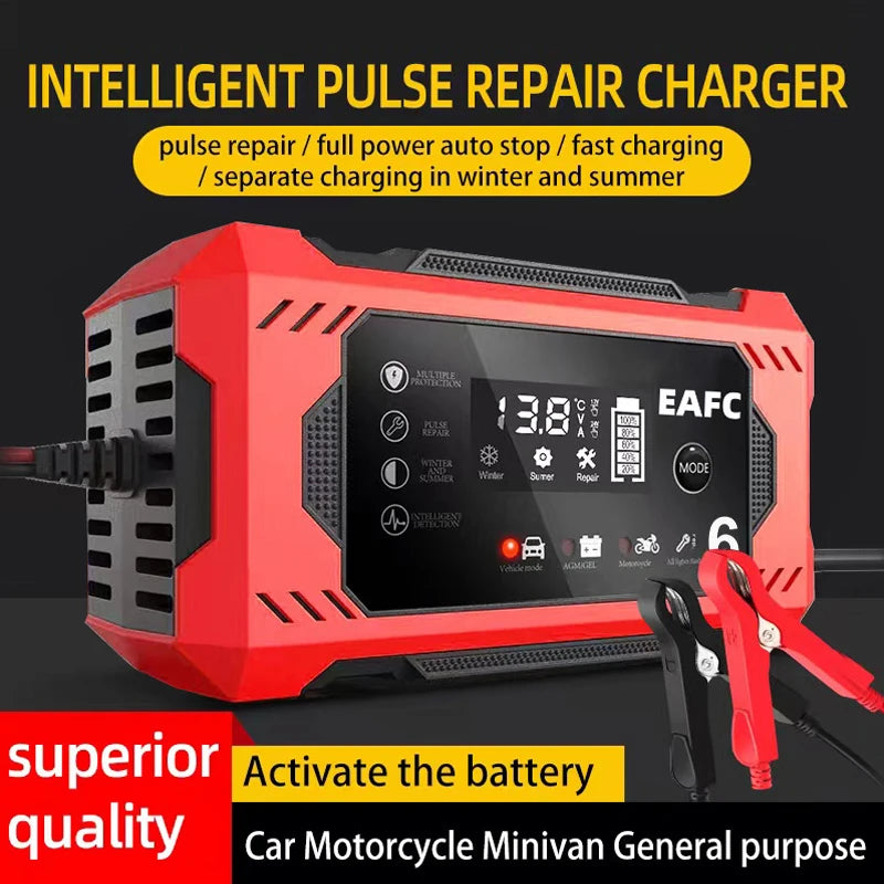 12V 6A Intelligent Car Battery Charger with Pulse Repair — Auto-Stop, Dual Mode | Compatible with Motorcycle, Truck & Lead Acid Batteries