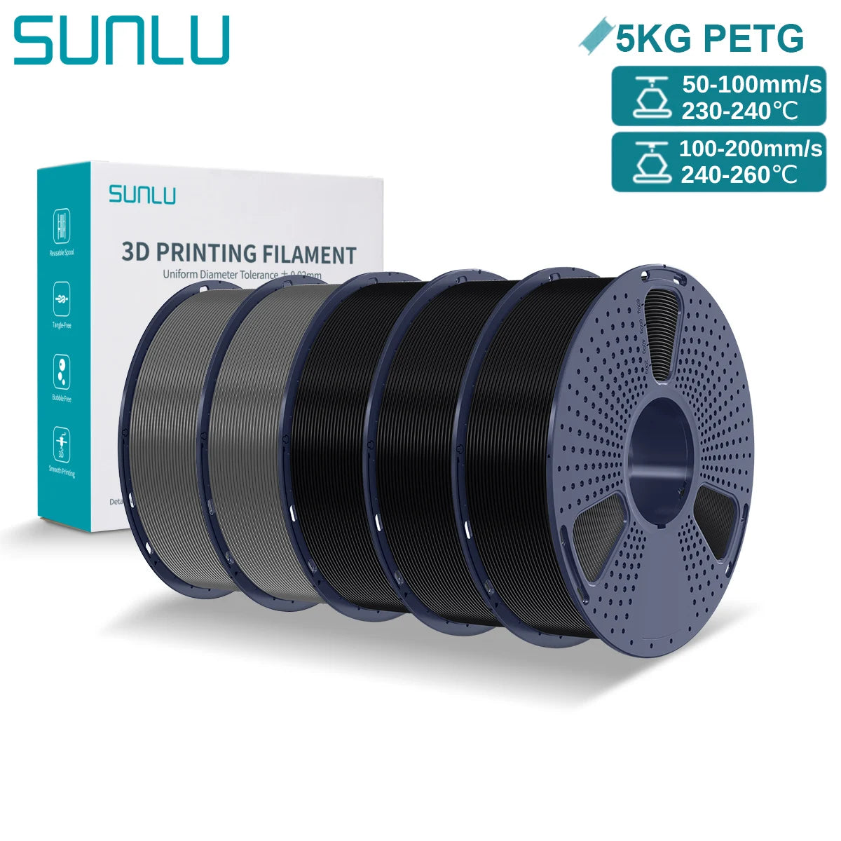 SUNLU PETG 3D Printer Filament 5KG – 1.75mm High‑Toughness Filament with Reusable Spool for FDM Printers