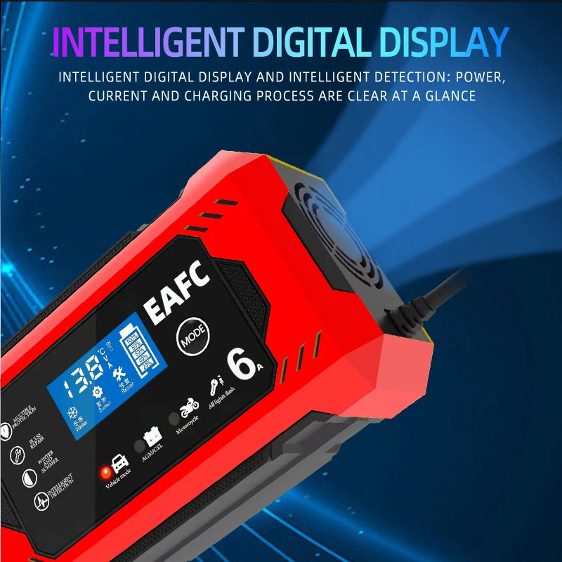 12V 6A Intelligent Car Battery Charger with Pulse Repair — Auto-Stop, Dual Mode | Compatible with Motorcycle, Truck & Lead Acid Batteries