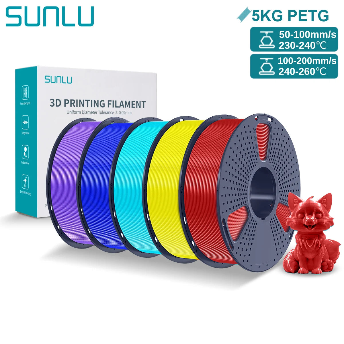 SUNLU PETG 3D Printer Filament 5KG – 1.75mm High‑Toughness Filament with Reusable Spool for FDM Printers