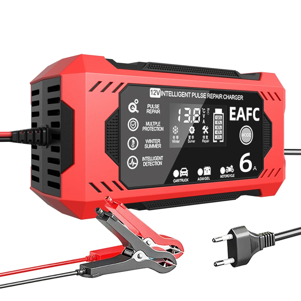 12V 6A Intelligent Car Battery Charger with Pulse Repair — Auto-Stop, Dual Mode | Compatible with Motorcycle, Truck & Lead Acid Batteries