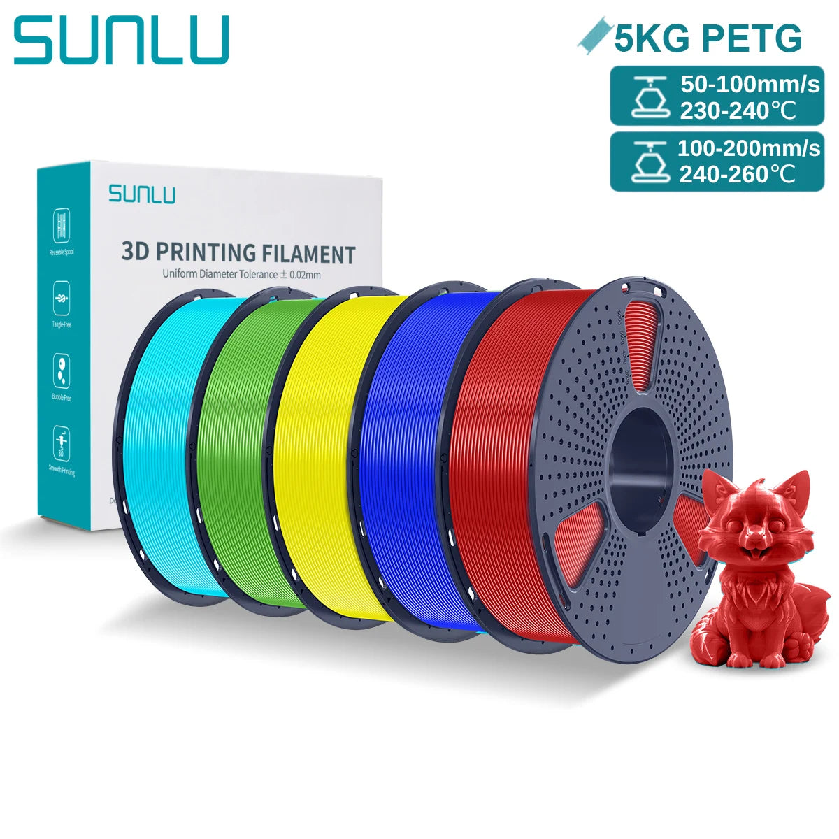 SUNLU PETG 3D Printer Filament 5KG – 1.75mm High‑Toughness Filament with Reusable Spool for FDM Printers