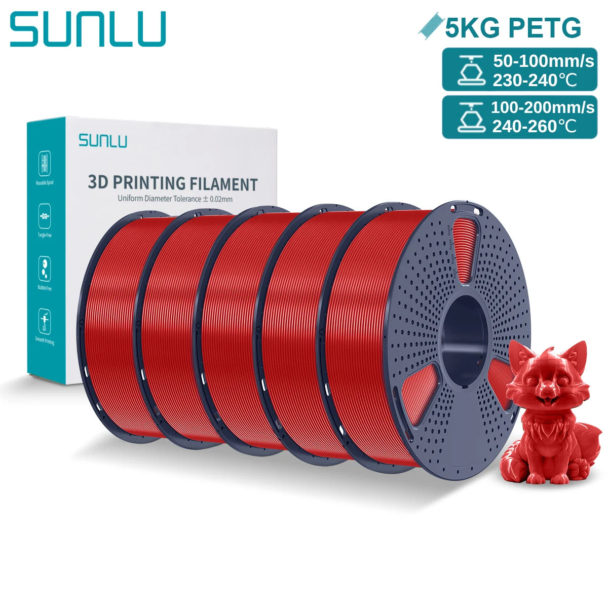 SUNLU PETG 3D Printer Filament 5KG – 1.75mm High‑Toughness Filament with Reusable Spool for FDM Printers