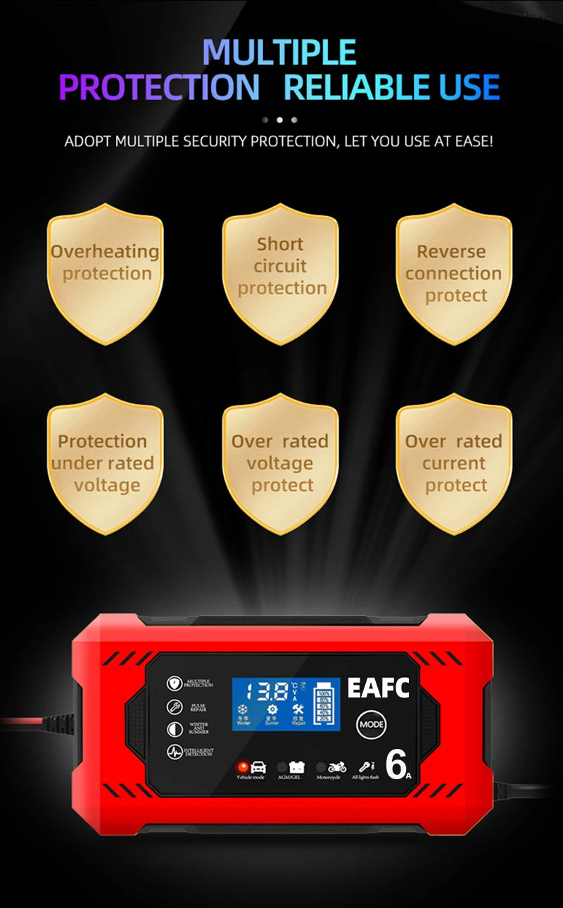 12V 6A Intelligent Car Battery Charger with Pulse Repair — Auto-Stop, Dual Mode | Compatible with Motorcycle, Truck & Lead Acid Batteries