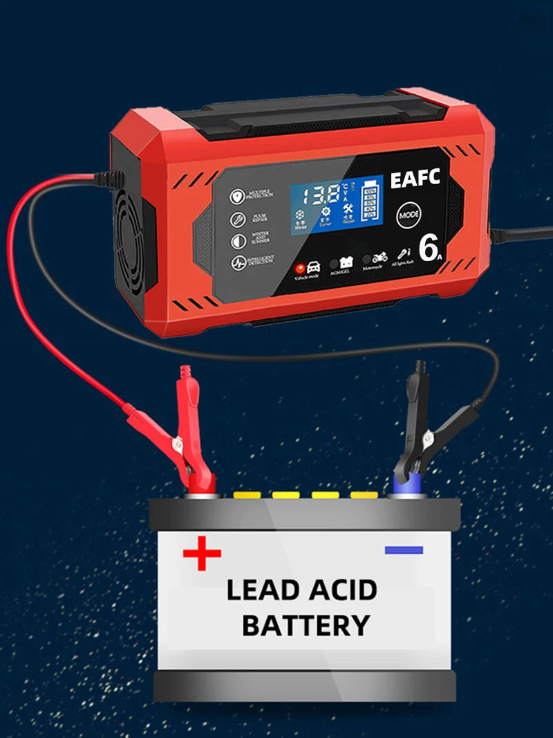 12V 6A Intelligent Car Battery Charger with Pulse Repair — Auto-Stop, Dual Mode | Compatible with Motorcycle, Truck & Lead Acid Batteries