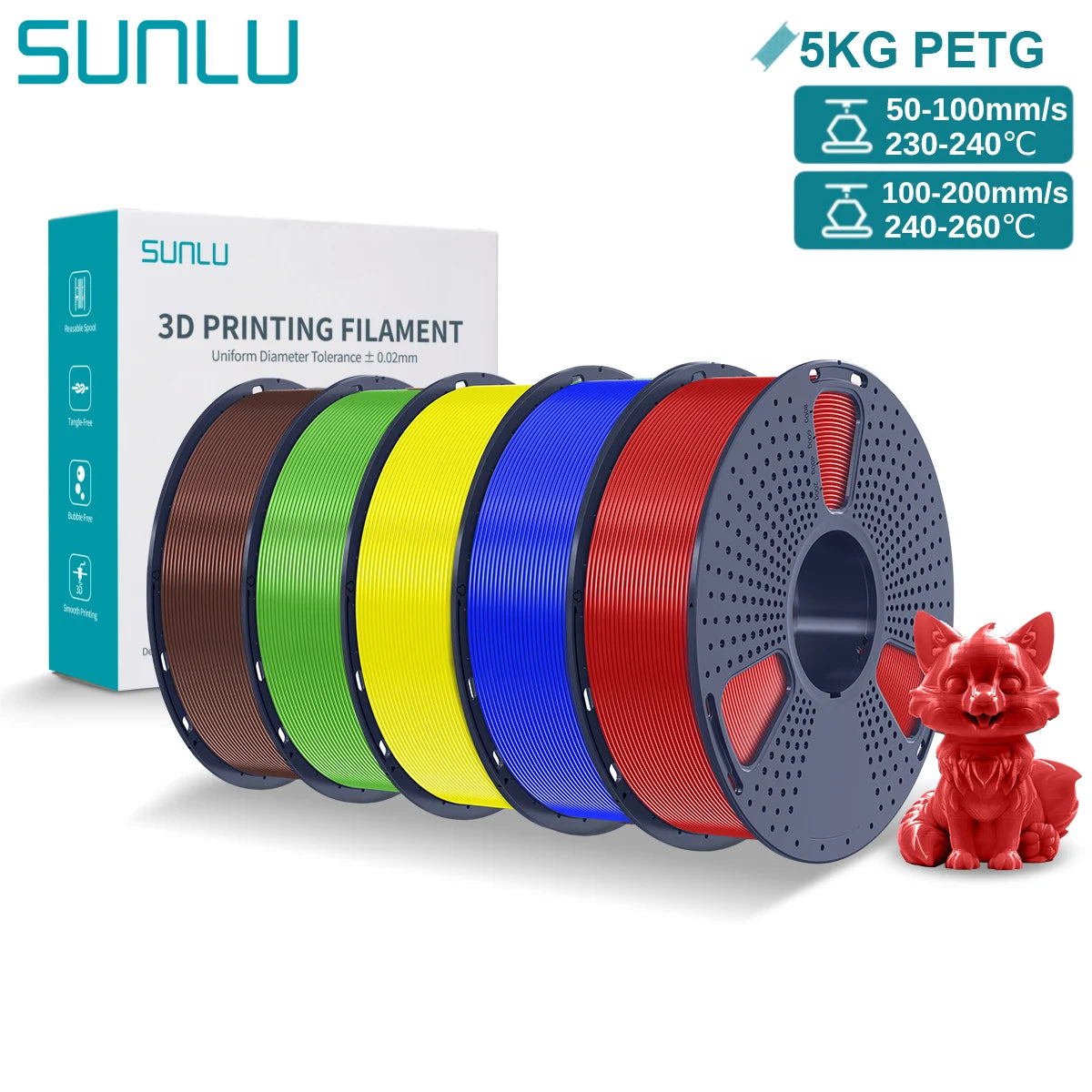 SUNLU PETG 3D Printer Filament 5KG – 1.75mm High‑Toughness Filament with Reusable Spool for FDM Printers
