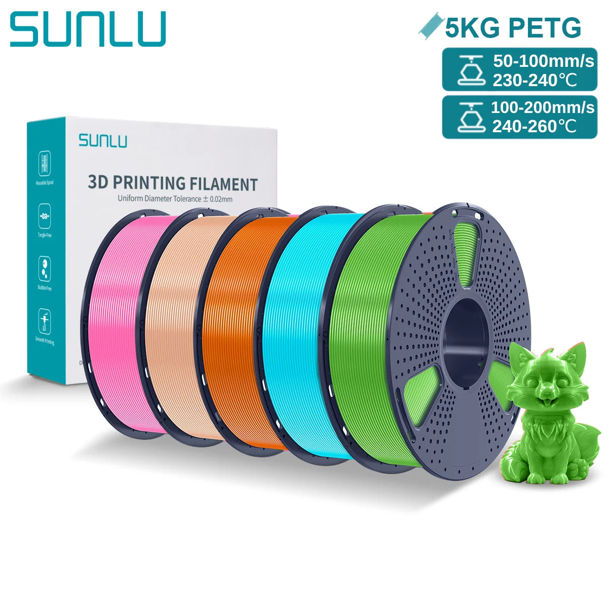 SUNLU PETG 3D Printer Filament 5KG – 1.75mm High‑Toughness Filament with Reusable Spool for FDM Printers