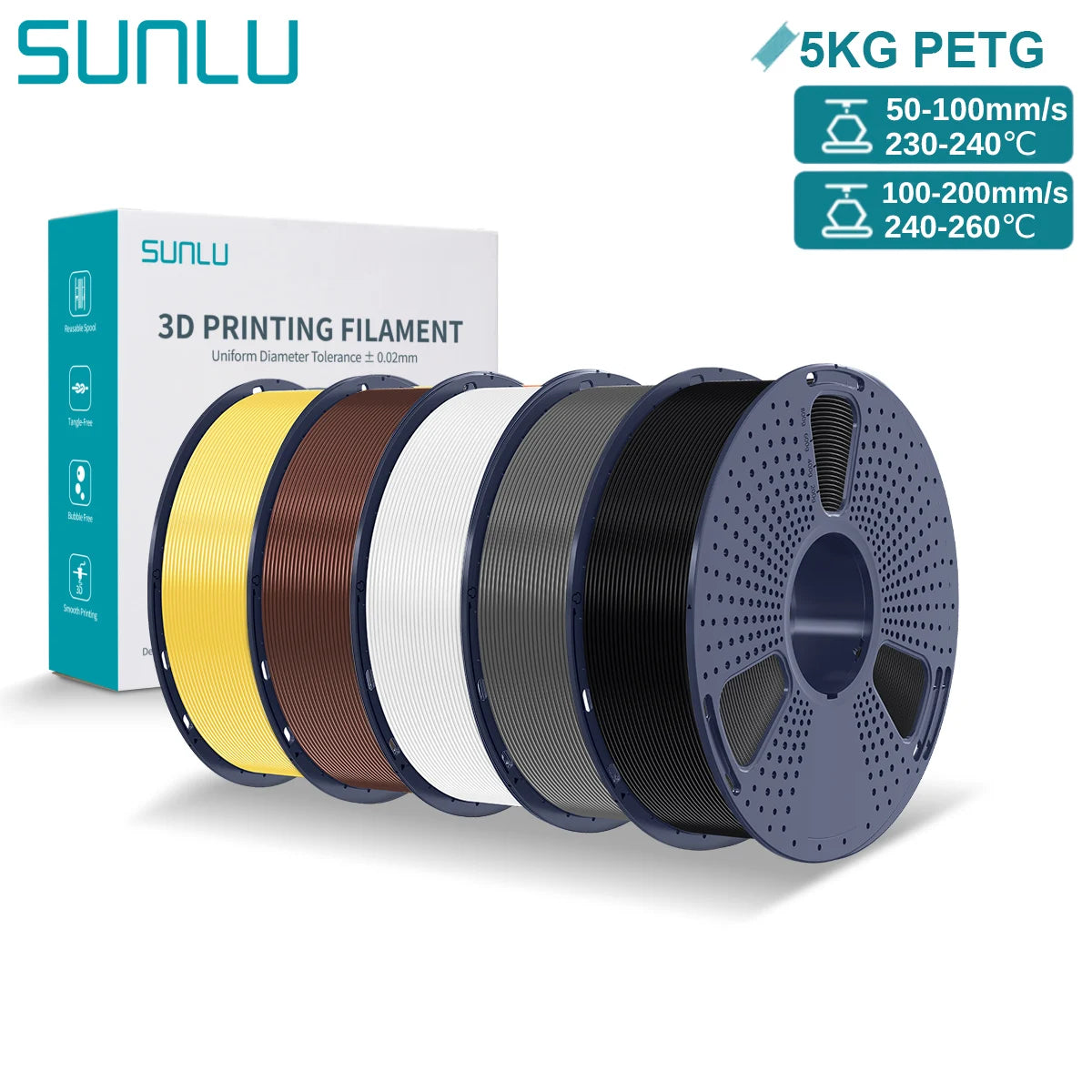 SUNLU PETG 3D Printer Filament 5KG – 1.75mm High‑Toughness Filament with Reusable Spool for FDM Printers