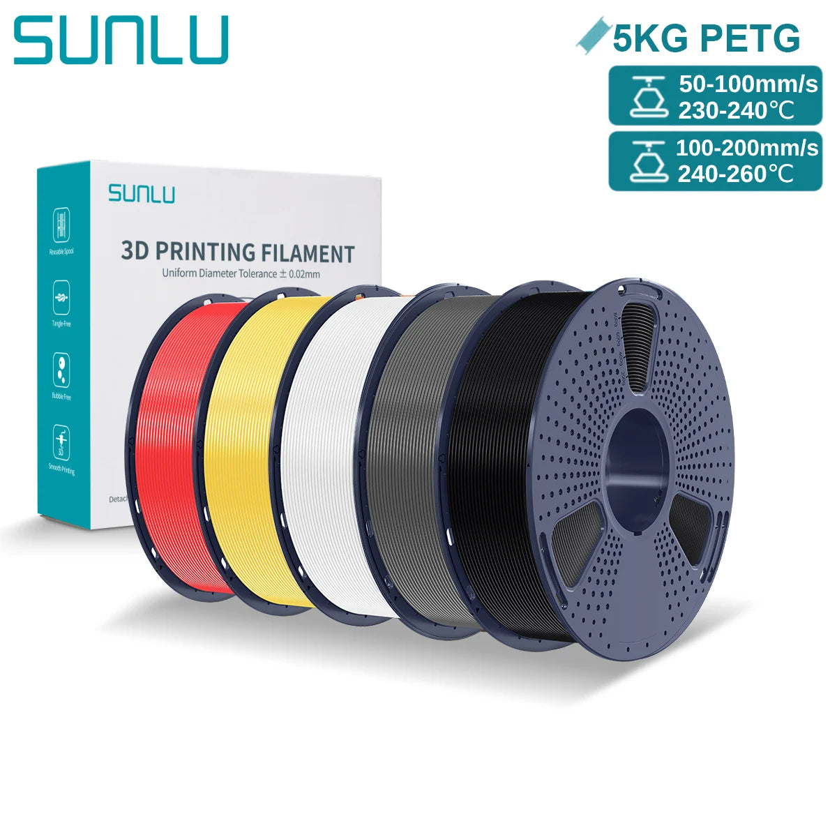 SUNLU PETG 3D Printer Filament 5KG – 1.75mm High‑Toughness Filament with Reusable Spool for FDM Printers
