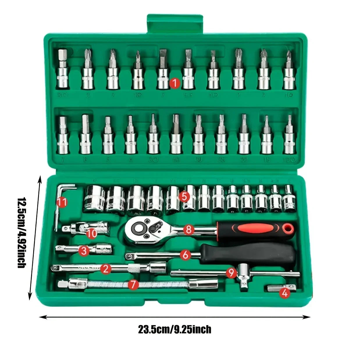 46‑Pc Family Mechanic Tool Kit 1/4" Drive – Metric & Inch Sockets, Hex Bit Set, Ratchet Wrench for Auto Repair and Home Use