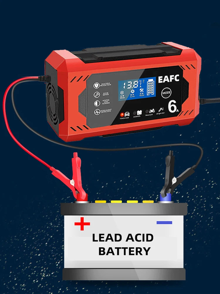 12V 6A Intelligent Car Battery Charger with Pulse Repair — Auto-Stop, Dual Mode | Compatible with Motorcycle, Truck & Lead Acid Batteries