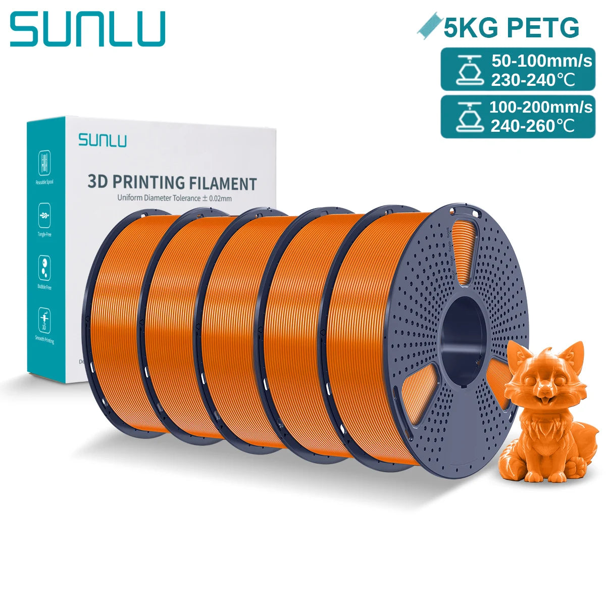 SUNLU PETG 3D Printer Filament 5KG – 1.75mm High‑Toughness Filament with Reusable Spool for FDM Printers