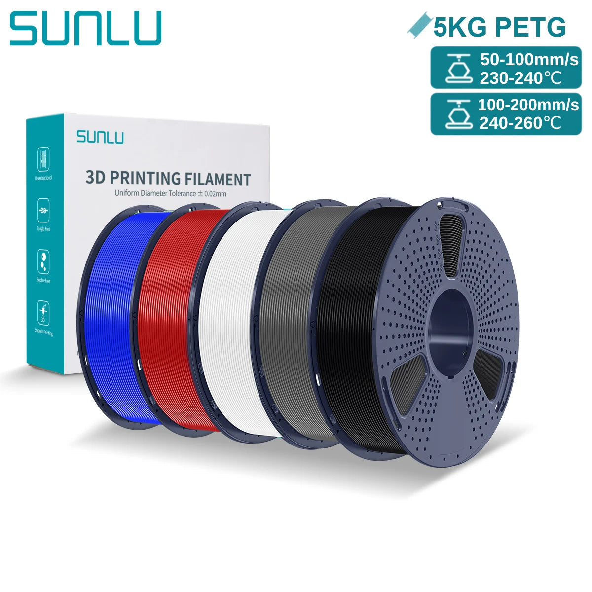 SUNLU PETG 3D Printer Filament 5KG – 1.75mm High‑Toughness Filament with Reusable Spool for FDM Printers