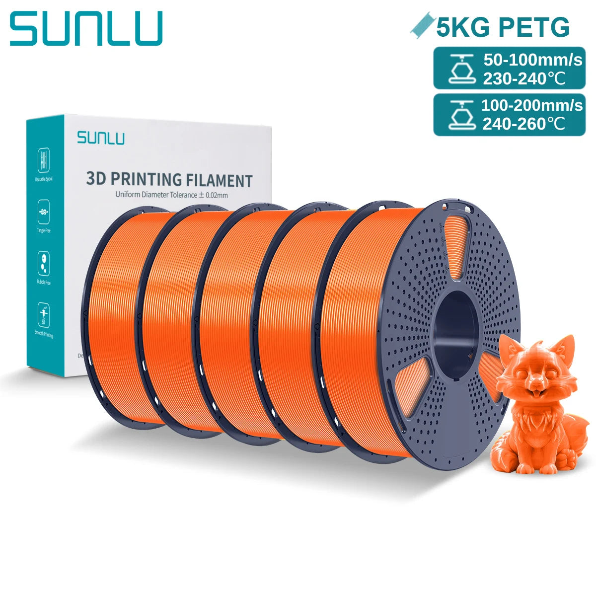 SUNLU PETG 3D Printer Filament 5KG – 1.75mm High‑Toughness Filament with Reusable Spool for FDM Printers