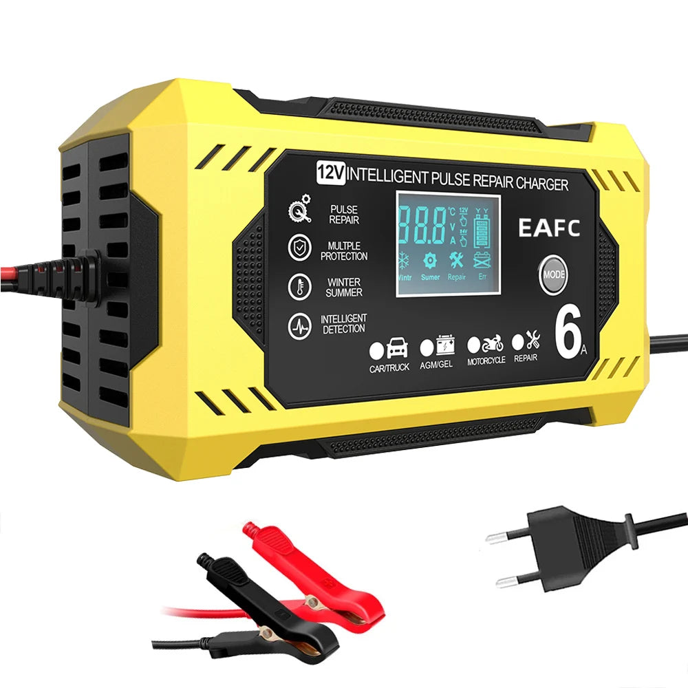 12V 6A Intelligent Car Battery Charger with Pulse Repair — Auto-Stop, Dual Mode | Compatible with Motorcycle, Truck & Lead Acid Batteries