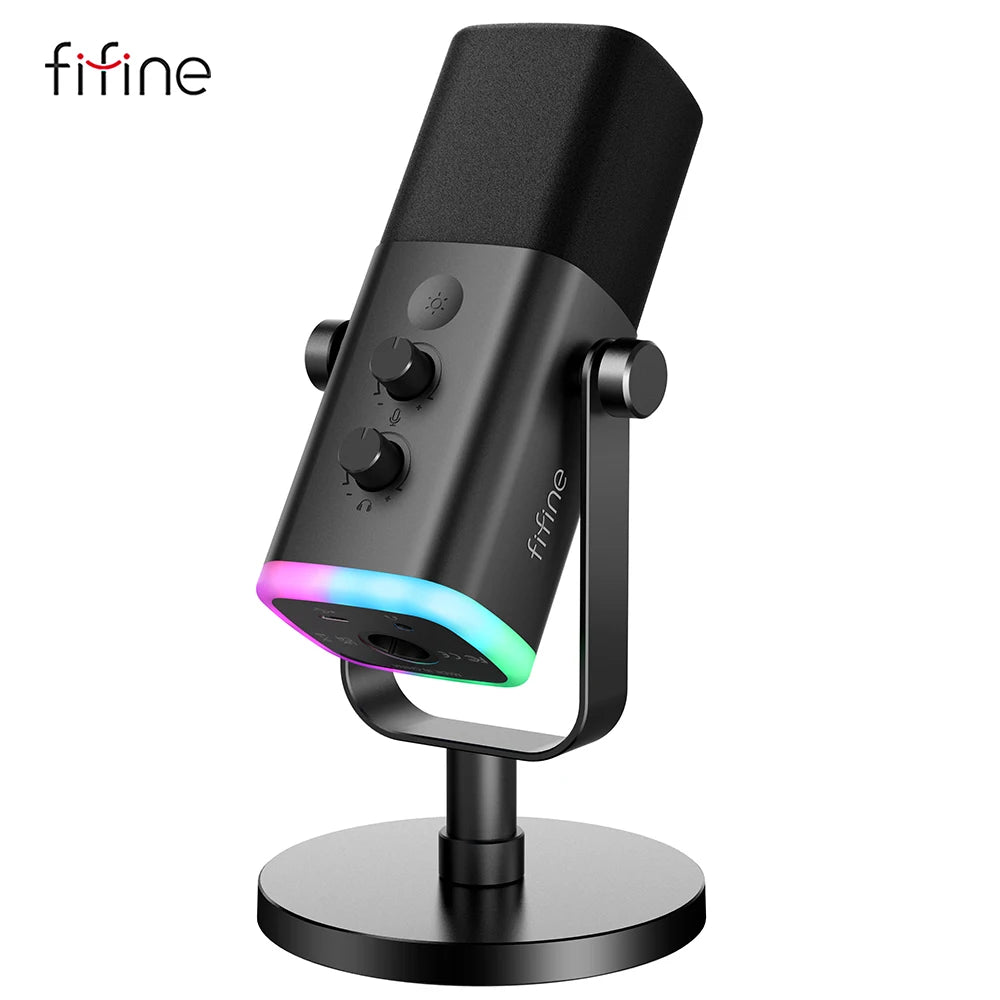 FIFINE AM8 USB/XLR Dynamic Microphone with RGB Lighting, Headphone Jack & Mute Button – Ideal for PC Gaming, Recording, Streaming, and AmpliGame Setups