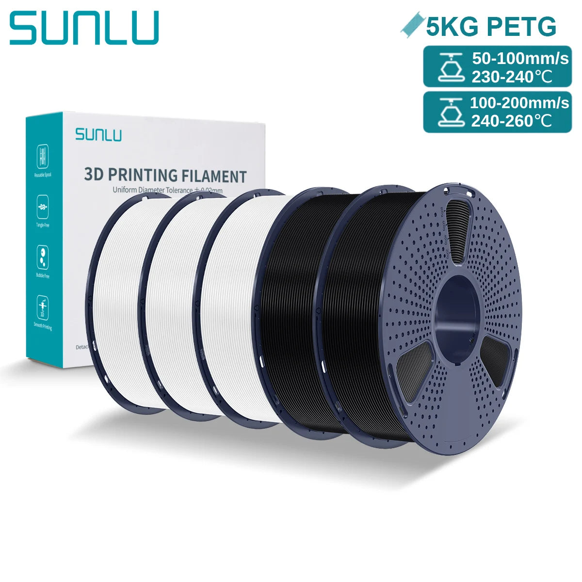 SUNLU PETG 3D Printer Filament 5KG – 1.75mm High‑Toughness Filament with Reusable Spool for FDM Printers