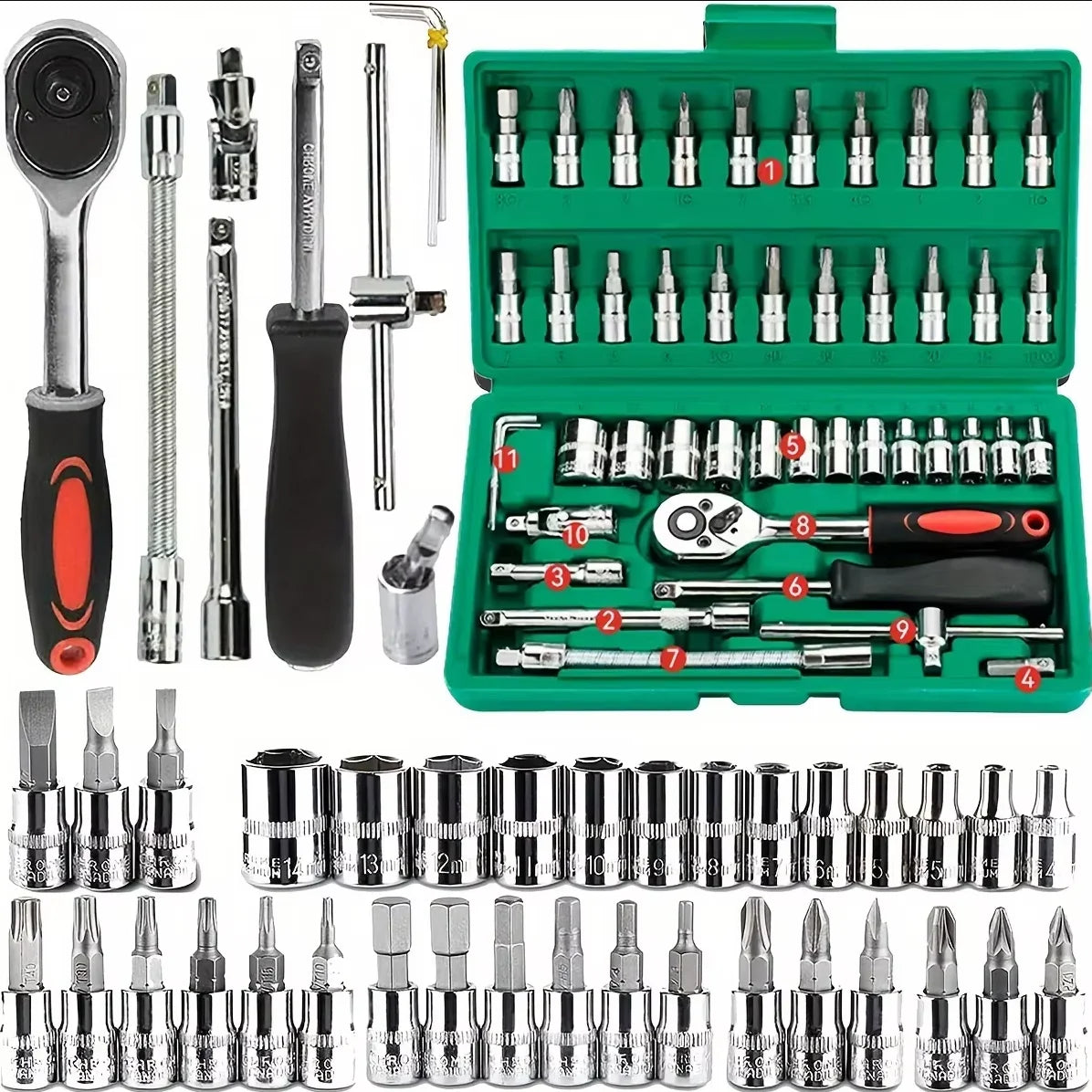 46‑Pc Family Mechanic Tool Kit 1/4" Drive – Metric & Inch Sockets, Hex Bit Set, Ratchet Wrench for Auto Repair and Home Use