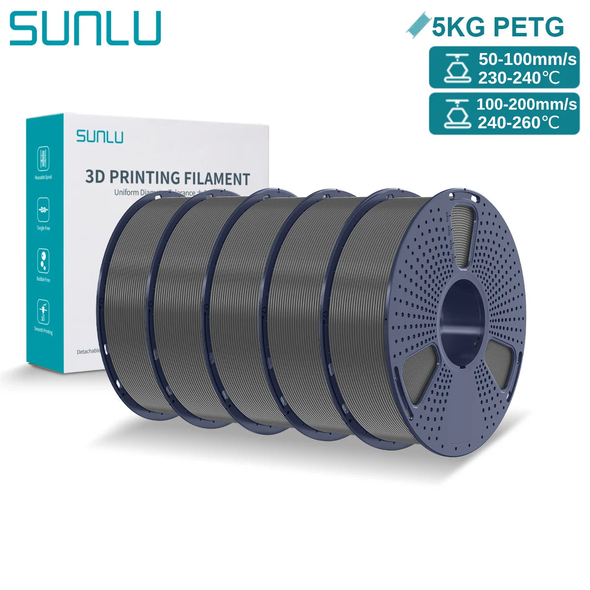 SUNLU PETG 3D Printer Filament 5KG – 1.75mm High‑Toughness Filament with Reusable Spool for FDM Printers