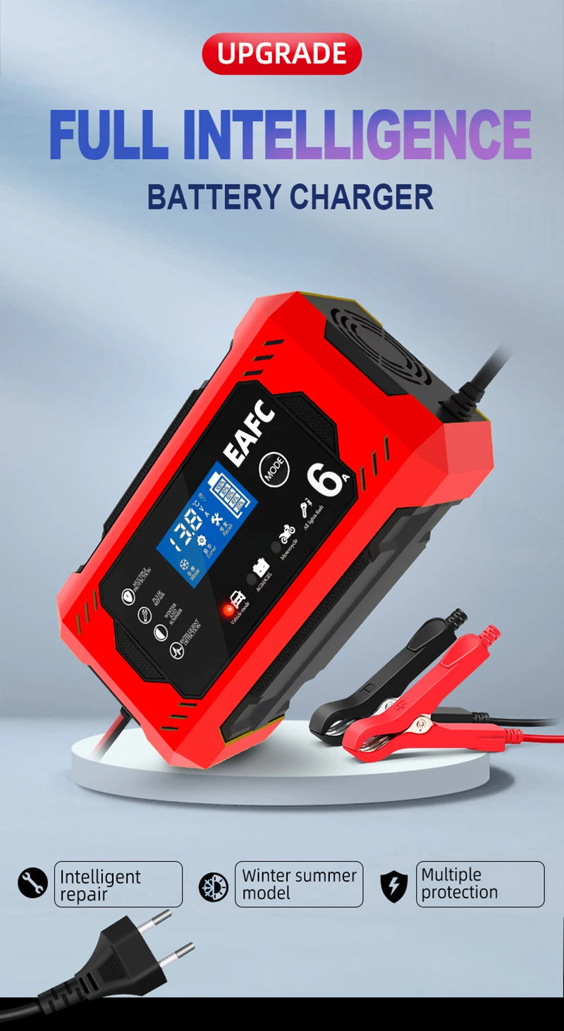 12V 6A Intelligent Car Battery Charger with Pulse Repair — Auto-Stop, Dual Mode | Compatible with Motorcycle, Truck & Lead Acid Batteries