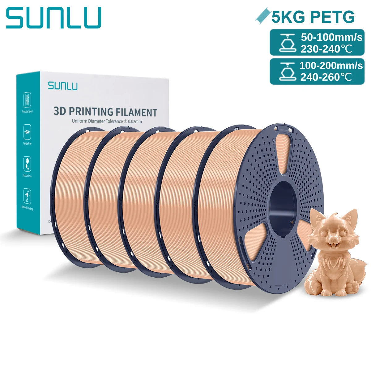 SUNLU PETG 3D Printer Filament 5KG – 1.75mm High‑Toughness Filament with Reusable Spool for FDM Printers
