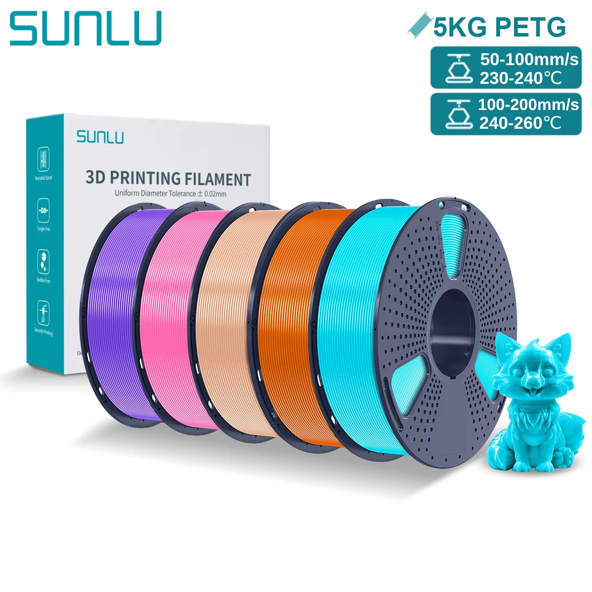 SUNLU PETG 3D Printer Filament 5KG – 1.75mm High‑Toughness Filament with Reusable Spool for FDM Printers